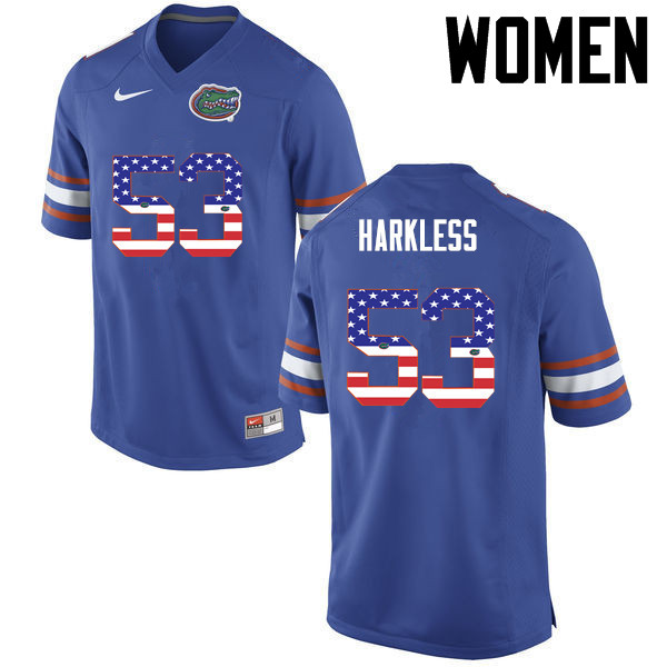 Women Florida Gators #53 Kavaris Harkless College Football USA Flag Fashion Jerseys-Blue - Click Image to Close